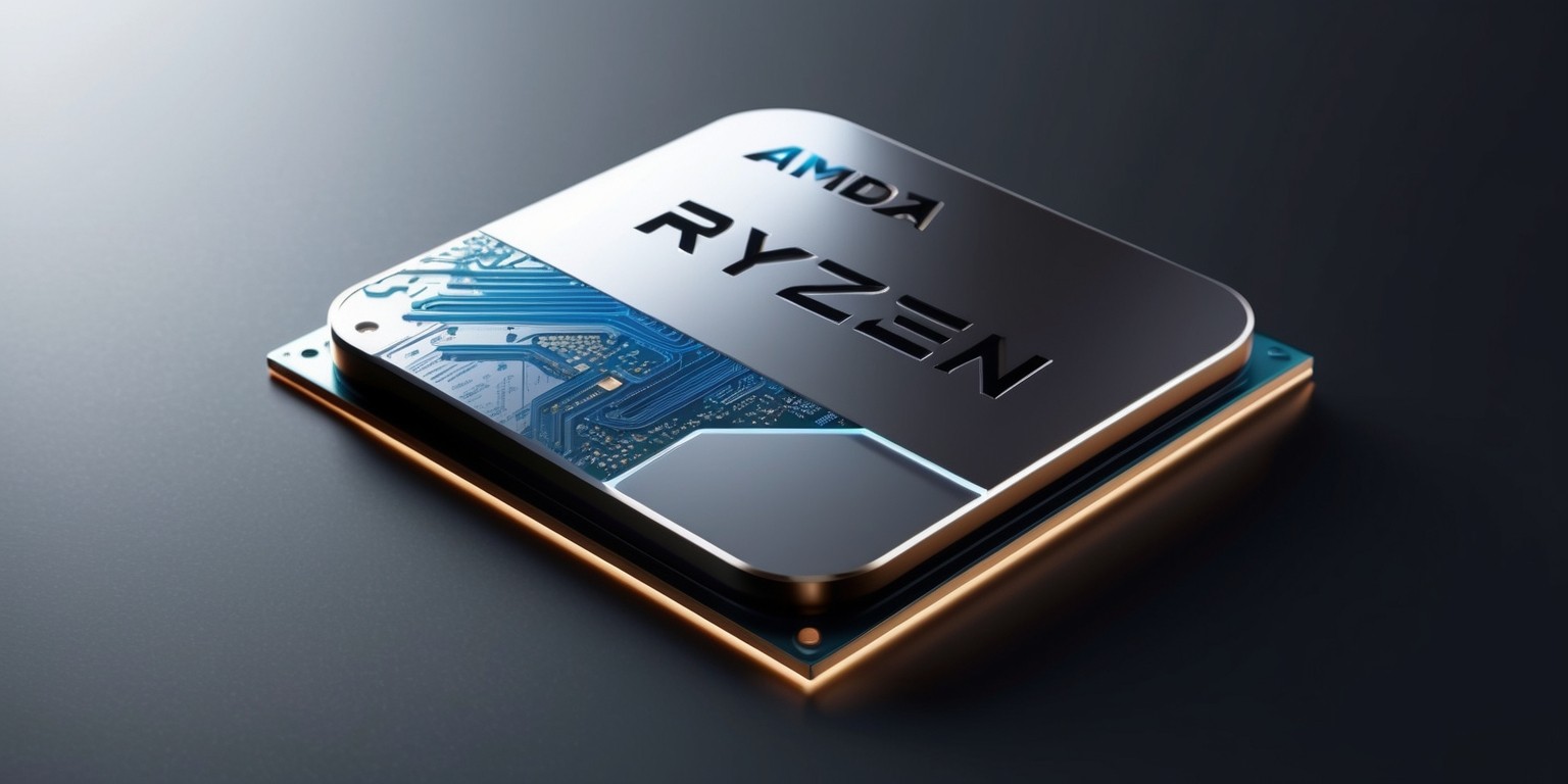 A highly detailed, photorealistic illustration of the AMD Ryzen 9 9800X3D CPU, centered on a clean, matte black background, with subtle gradient shadows to accentuate its sleek, metallic surfaces, showcasing its intricate architecture and premium design, with the Ryzen logo embossed in silver and blue, situated prominently on the top, surrounded by microscopic circuitry patterns and minute details, with a subtle, warm lighting that highlights the subtle curves and edges of the processor, creating a sense of high-tech sophistication and cutting-edge innovation.