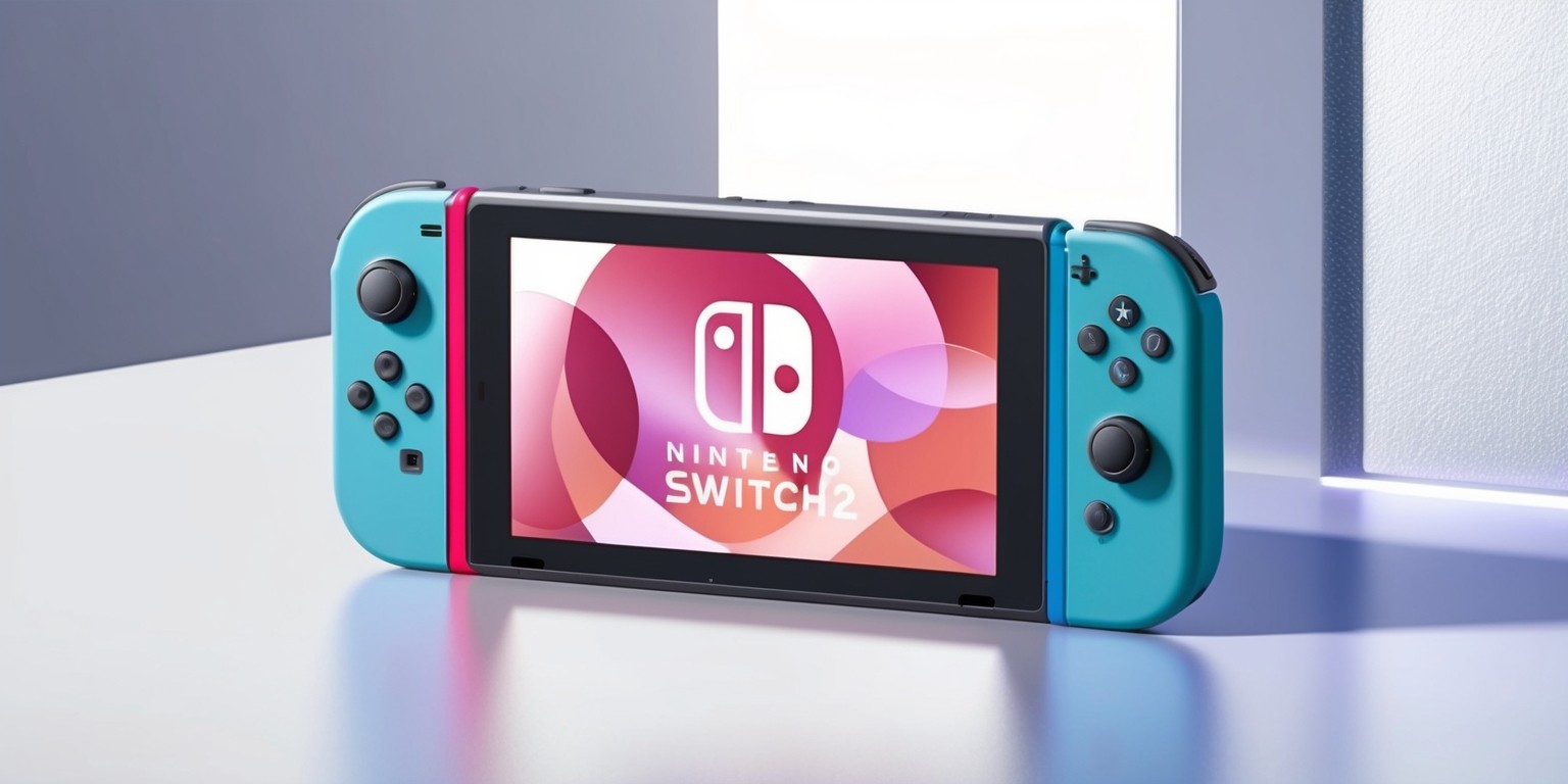 A sleek, modern Nintendo Switch 2 game console, rendered in vibrant colors, featuring a large, high-resolution screen with a subtle sheen, surrounded by a thin, matte-finish frame, with the iconic Nintendo logo emblazoned on the top in bold, white lettering, and a pair of detachable Joy-Con controllers on either side, showcasing a slender, curved design, with a subtle LED glow emanating from the buttons and a smooth, ergonomic grip, set against a clean, minimalist background that highlights the console's futuristic aesthetic, with subtle textures and subtle shading that accentuate its modern design.