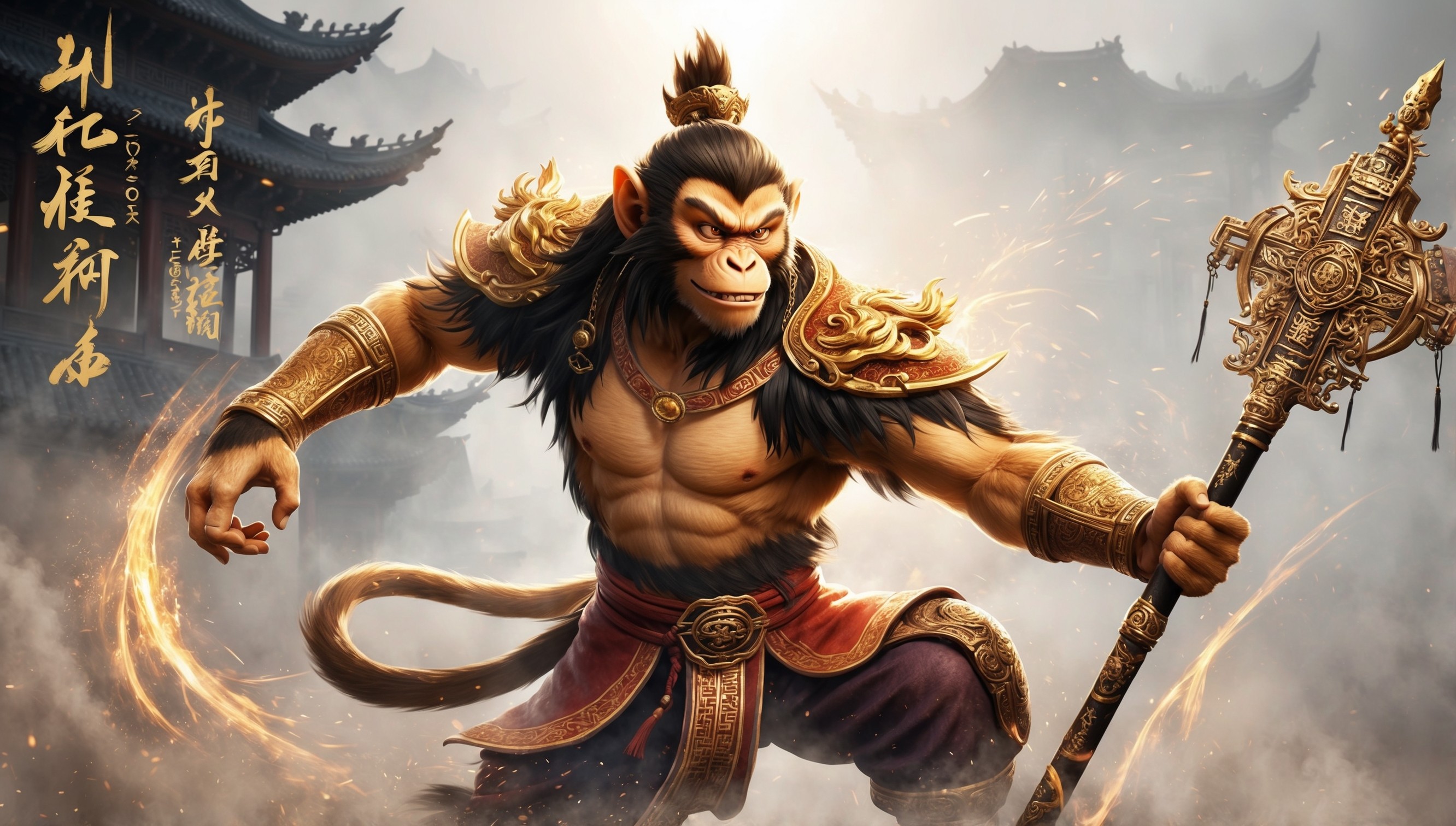 A majestic, golden-lit illustration of the monkey king Wukong from the action role-playing game Black Myth: Wukong, set against a misty, dreamlike background with subtle hints of ancient Chinese architecture, featuring the protagonist in a powerful pose, with intricate, detailed fur and a mischievous glint in his piercing brown eyes, his skin a warm, golden beige, holding a majestic staff adorned with mystical symbols and ornaments, surrounded by whispers of Chinese calligraphy and subtle, fiery sparks, blending traditional Chinese aesthetics with modern, dramatic lighting and atmospheric effects, evoking a sense of mythic grandeur and heroic might.