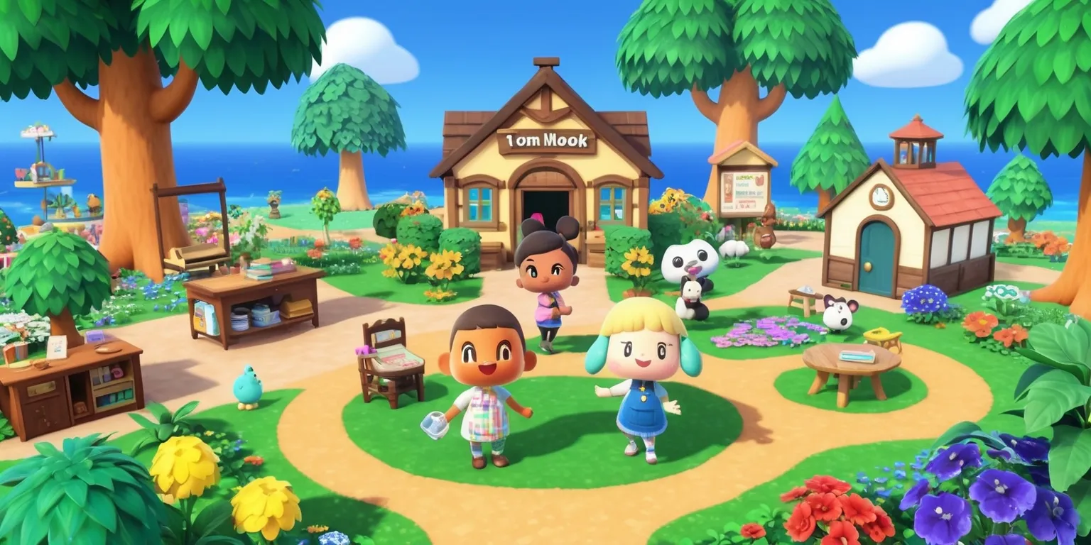 A whimsical digital illustration of the Animal Crossing: New Horizons game scene, set on a vibrant and lush island with a variety of colorful trees, flowers, and scenery, featuring Tom Nook's store and the town hall, with a few adorable characters like Tom Nook, Isabelle, and K.K. Slider, each with distinctive facial features and clothing, surrounded by various furniture items and outdoor decorations, under a clear blue sky with a few puffy white clouds, with a warm and welcoming atmosphere, and a mix of natural and built elements, blending seamlessly together in a beautiful and eye-catching visual representation of the game's charm and personality.