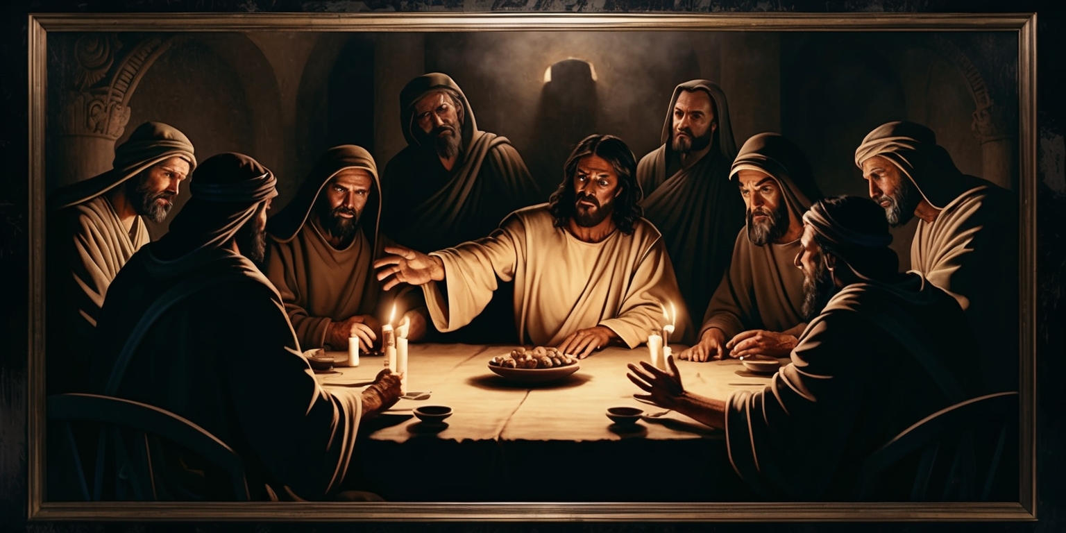 A haunting and intense illustration of a dramatic scene depicting the Judas game, set in a dark and ominous atmosphere with muted earthy tones, featuring a group of robed figures gathered around a dimly lit table, their faces illuminated only by flickering candlelight, with Judas Iscariot prominently displayed, his facial features contorted in a mix of guilt and determination, his skin pale and sweaty, as he reaches out to betray Jesus, with subtle hints of a ancient and mystical backdrop, and the overall composition framed in a cinematic style with deep shadows and bold lighting, capturing the heavy emotional weight of the moment.