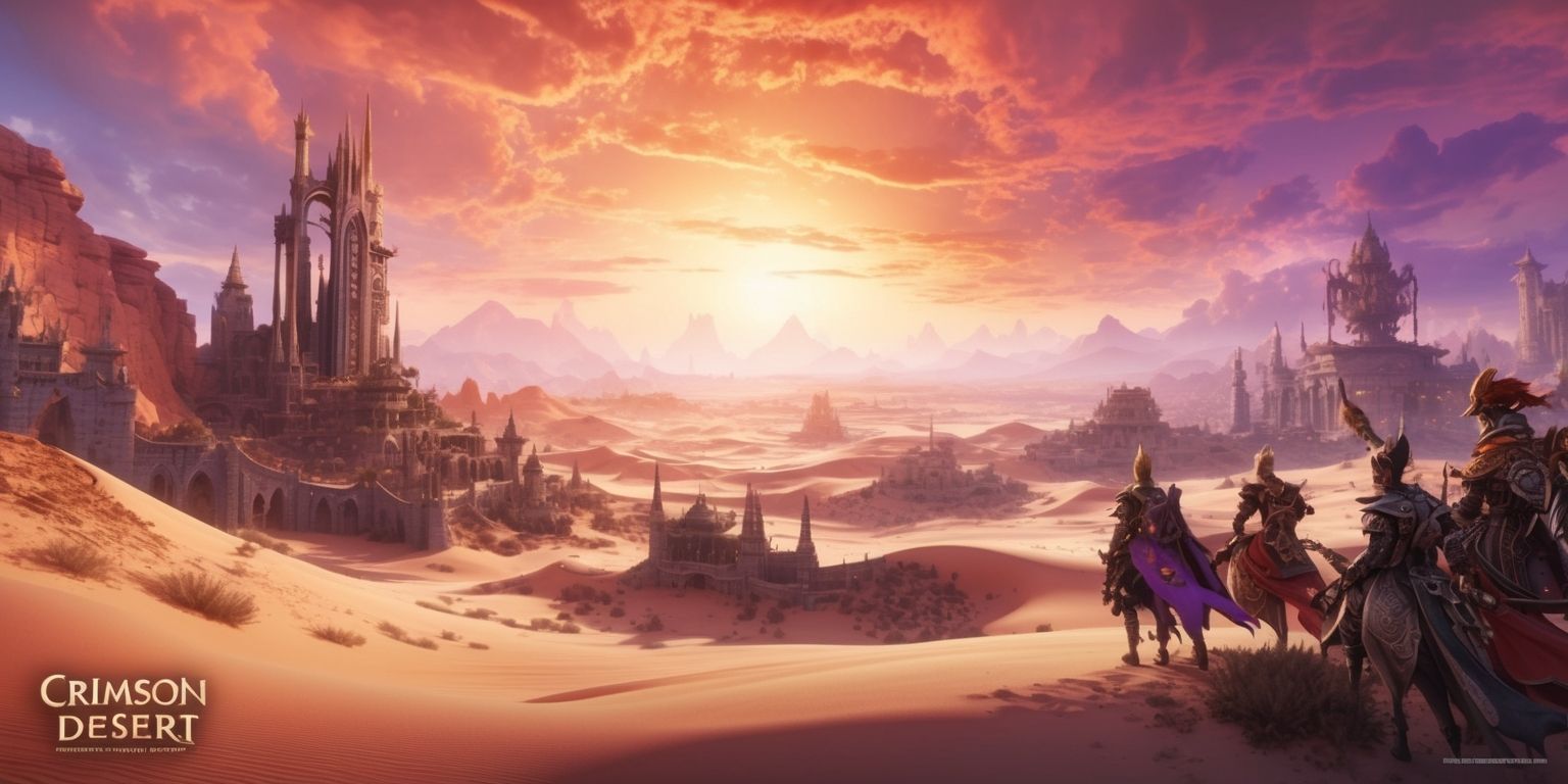 A vast, breathtaking landscape set in the Crimson Desert game, with intricate details and textures, featuring a mix of sandy dunes, rocky formations, and majestic structures, under a vibrant, fiery sky with hues of orange, pink, and purple, and a warm, golden light casting a dramatic glow on the scenery, with characters from the game in the distance, adorned in elaborate, intricately designed costumes and armor, showcasing the game's unique art style, with a sense of adventure and mystery, and a subtle, gradient-like blur effect in the background to emphasize depth and dimensionality.