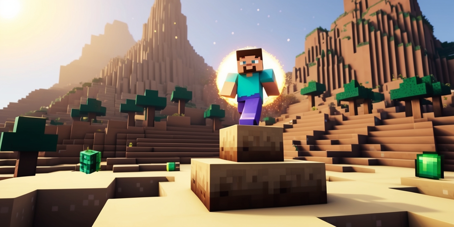 A vibrant, blocky, 3D scene depicting a moment from the popular sandbox video game Minecraft, set in a sprawling, sun-drenched desert biome with towering sandstone formations and sparse, leafy trees, featuring a character - a default Steve or Alex skin with bright blue eyes and a determined expression - standing triumphantly atop a crudely constructed stone pedestal, surrounded by a halo of warm, golden light, with a faint, misty atmosphere and subtle, animated particles floating in the air, showcasing a mix of earthy tones such as beige, brown, and terracotta, with splashes of brighter colors from gathered resources like glowing obsidian, emerald, and golden ore, all rendered in a stylized, pixelated aesthetic with bold lines and soft, rounded textures.
