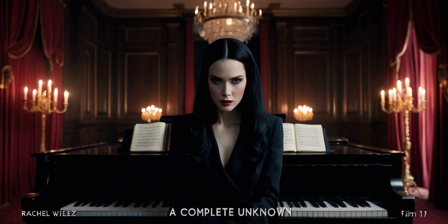 A moody, cinematic scene inspired by the 2016 film A Complete Unknown, featuring a mysterious woman, played by Rachel Weisz, sitting alone at a dimly lit piano in a lavish, ornate room with rich, dark wood paneling and crimson velvet curtains, surrounded by flickering candelabras and a grand chandelier, her face illuminated by a single, warm spotlight, her piercing green eyes gazing down at the keys, her porcelain skin radiating an air of sophistication and elegance, her raven-black hair cascading down her back like a waterfall of night, her slender fingers poised to strike a melancholic chord, the atmosphere thick with secrets and intrigue.