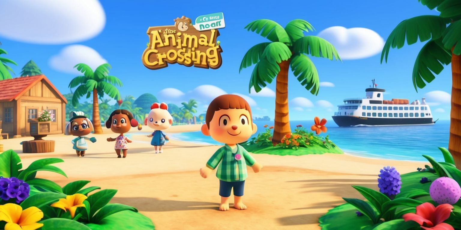 A serene and vibrant digital illustration of the Animal Crossing: New Horizons game, showcasing a character standing on a tranquil beach surrounded by lush green palm trees and colorful flora, with a few villagers in the background, including Tom Nook and Isabelle, all with unique facial features and clothing, set against a clear blue sky with a few white puffy clouds, and a ferry boat in the distance, with the game's logo prominently displayed in a bold, white, sans-serif font, and a few leaves and flowers scattered throughout the scene, with warm and soft lighting, and a shallow depth of field to emphasize the main character, in a 16:9 aspect ratio, with a mix of realistic and stylized elements, and a general atmosphere of peace and relaxation.