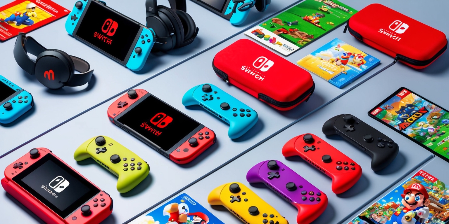 A colorful and vibrant image of various Nintendo Switch 2 accessories laid out on a sleek, modern, light gray background, with a few of the consoles themselves visible in the corners, showcasing the latest gaming technology, including high-definition gaming headsets, sleek controller chargers, and bright, durable carrying cases, all adorned with the iconic Nintendo logo in bold, red font, alongside a few popular games with their respective logos and color schemes, such as Mario and Zelda, with vibrant, eye-catching packaging and promotional materials, including posters and banners, all carefully arranged to create a visually appealing and engaging composition that highlights the excitement and innovation of the Nintendo Switch 2 ecosystem.