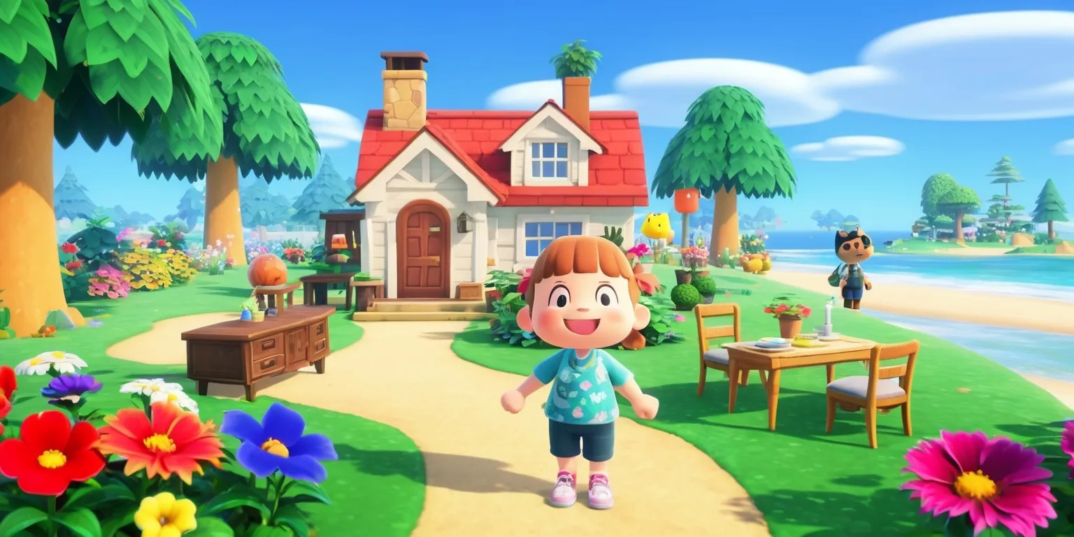 A picturesque scene from Animal Crossing: New Horizons, featuring a vibrant and lush island setting with a variety of colorful flowers, tall trees, and a clear blue sky, a character with a friendly smile and bright eyes stands near a beautifully designed home, surrounded by furniture and decorations, with a few NPCs like Tom Nook and K.K. Slider in the background, the atmosphere is peaceful and serene, with a sense of freedom and creativity, the visual style is reminiscent of the game's distinct graphics, with soft textures and delicate lighting, the overall mood is warm and inviting, capturing the essence of the game's relaxing and enjoyable experience.