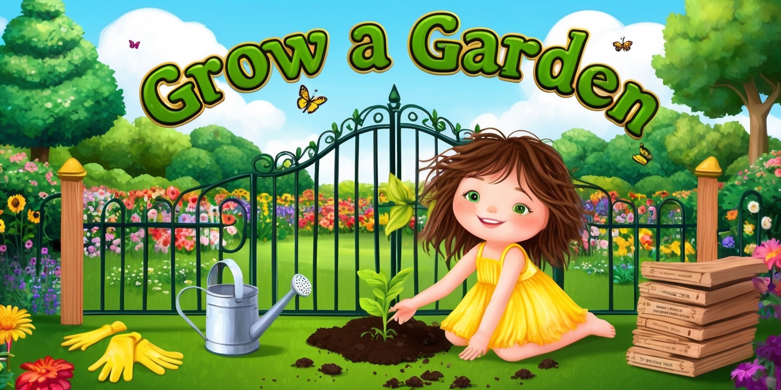 A whimsical illustration of a Grow a Garden game, set against a warm, sunny backdrop with fluffy white clouds, featuring a vibrant green garden filled with colorful flowers, lush bushes, and towering trees, surrounded by a wooden fence with a delicate iron gate, adorned with a golden handle in the shape of a leaf, where a smiling, rosy-cheeked child with messy brown hair and bright green eyes, dressed in a flowy yellow sundress, is kneeling on the ground, gently planting a seedling into the soil, with a watering can and a gardening tool lying nearby, surrounded by scattered gardening gloves, seeds, and a stack of wooden plant labels, with the game title Grow a Garden written in bold, curly, green font with golden accents, curved around the top of the garden fence, and a few butterflies and bees fluttering around the scene, adding a touch of magic to the overall atmosphere.