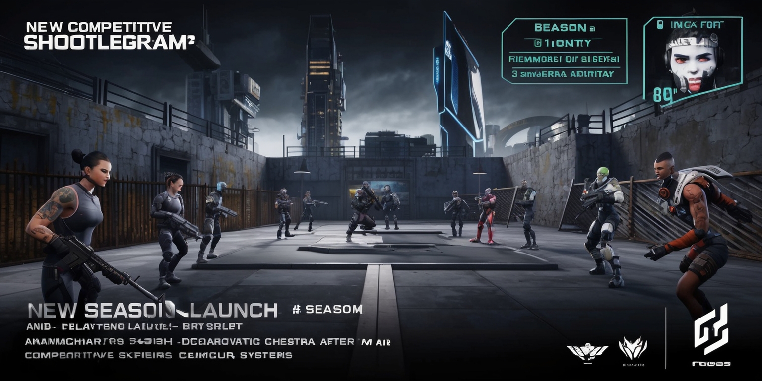 A competitive shooter game scene with a dark and gritty aesthetic, set in a revitalized iconic battleground map featuring both nostalgic and modern elements, such as worn concrete walls, rusty metal fences, and sleek futuristic skyscrapers, with a predominantly dark color palette and neon accents, in the style of a high-energy first-person shooter, with a layout that emphasizes the vastness of the map and the intensity of the gameplay, including various players with unique facial features, diverse skin colors, and distinctive attributes, such as tattoos, scars, and futuristic armor, with text overlays detailing the game's new season launch, anti-cheat measures, and competitive systems, in a bold, modern font with a metallic silver color, and logos of the game's developers and sponsors in a sleek, minimalist design.