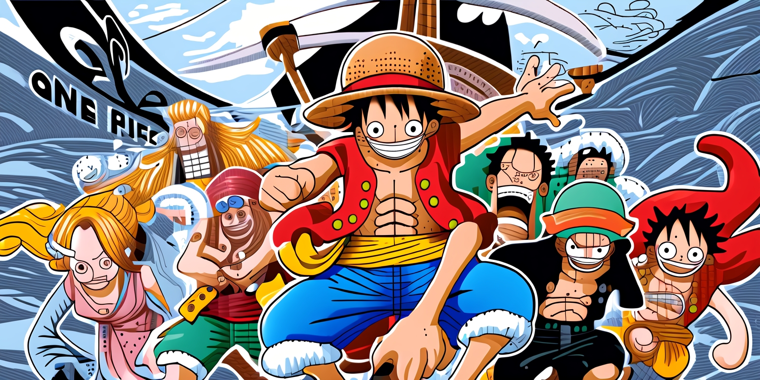 A vibrant and dynamic illustration of the One Piece manga series, featuring a bold and colorful depiction of Monkey D. Luffy, the protagonist, in the center, with his iconic straw hat and rubber powers on full display, surrounded by his loyal crew, the Straw Hat Pirates, including Roronoa Zoro, Usopp, Sanji, Tony Tony Chopper, Nico Robin, Franky, and Brook, each with their unique facial features, skin tones, and attire, set against a stylized and detailed background of the Grand Line, with subtle textures and expressive lines reminiscent of Eiichiro Oda's signature art style, with a mix of action, adventure, and humor, conveying the sense of camaraderie and excitement that defines the series, with the One Piece logo or title displayed prominently in a stylized, bold, and colorful font.