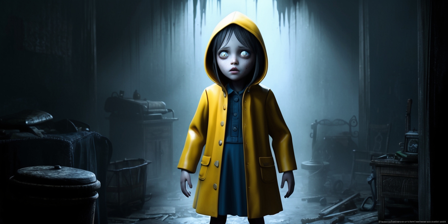 A haunting and eerie scene from Little Nightmares 3 game, featuring a young girl with a yellow raincoat and a distinctive appearance, standing in a dimly lit and atmospheric environment, surrounded by dark shadows and faint light, with old and worn-out objects scattered around, the color palette is predominantly dark and muted, with shades of gray, blue and brown, the overall style is reminiscent of a creepy and abandoned world, with a sense of foreboding and unease, the girl's facial features are pale and worried, with a look of fear in her eyes, the image is rendered in a mix of realistic and stylized visuals, with intricate details and textures, the composition is tightly framed, with the girl at the center, and the surroundings slowly fading into the darkness.
