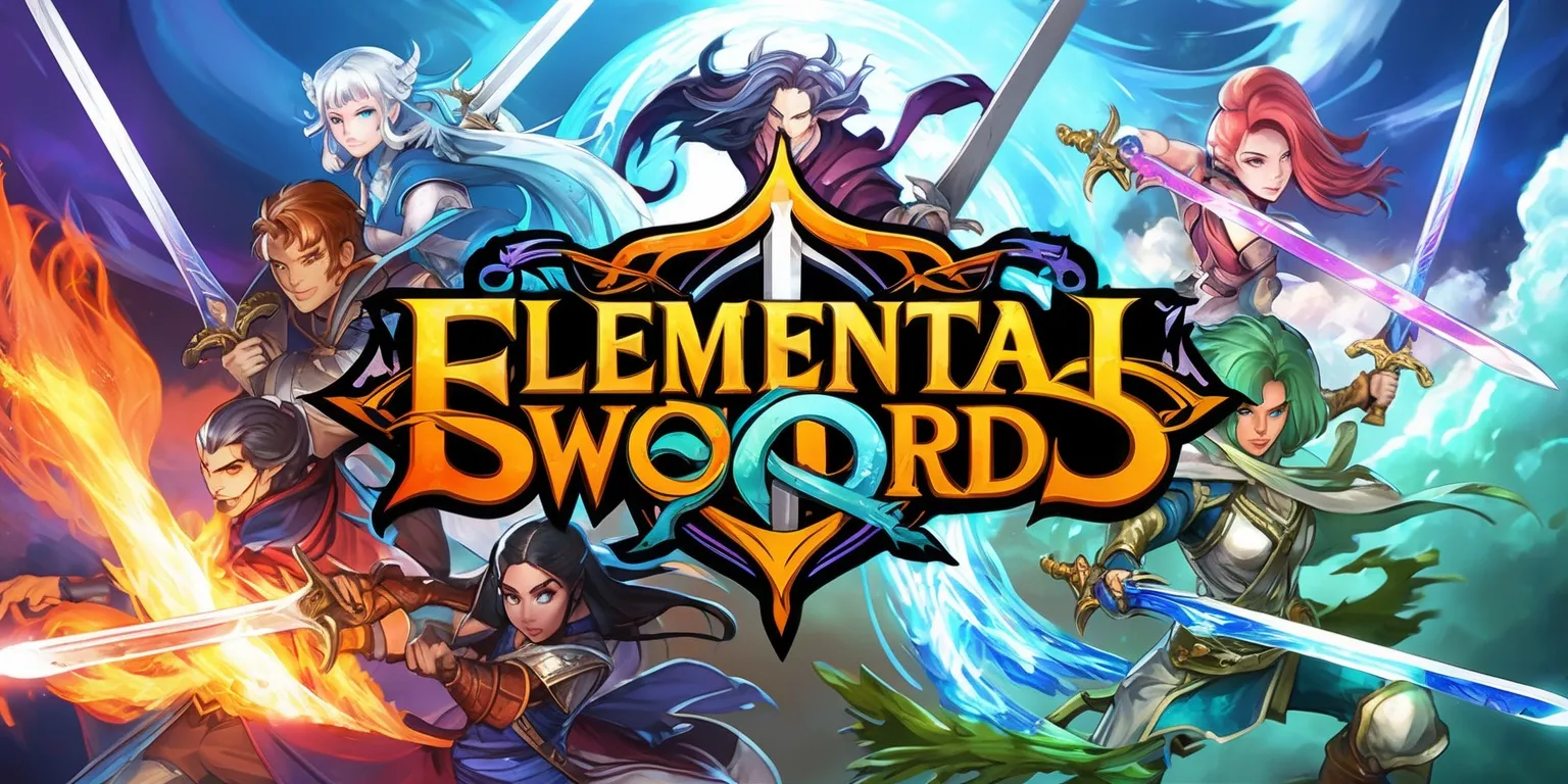 A fantasy-themed illustration of Elemental Swords RPG game, featuring a group of characters wielding swords infused with elements such as fire, water, earth, and air, set against a vibrant, ethereal background with swirling clouds and mystical aura, the characters having distinct facial features, varied skin tones, and unique attributes, with the game's logo prominently displayed in bold, golden font with intricate, curved lines and mythical creatures integrated into the design, the overall style resembling a mix of anime and western comic book art, with dynamic poses, dramatic lighting, and a sense of action and adventure, the color palette consisting of deep blues, fiery oranges, and emerald greens, with hints of purple and silver accents.