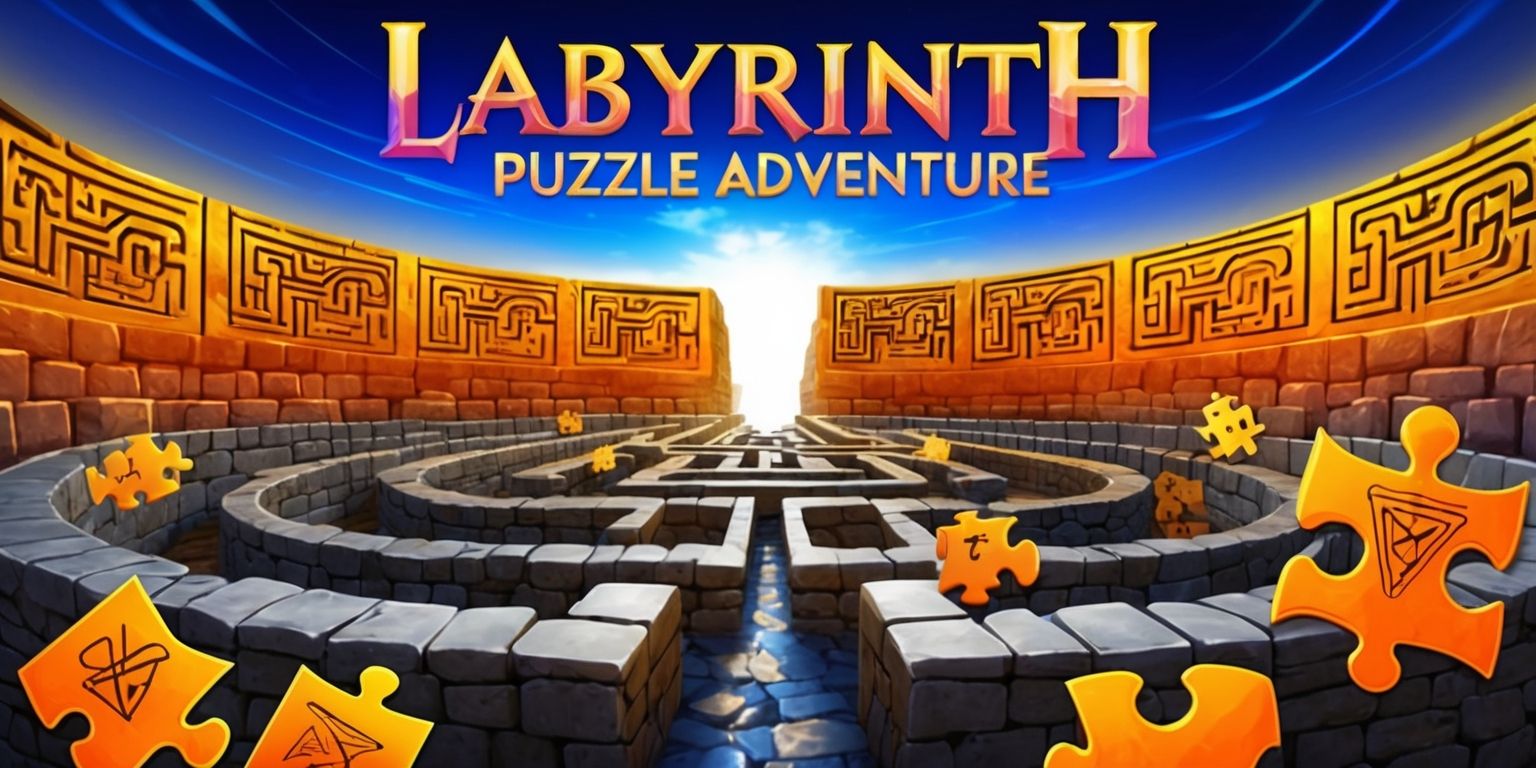 A mystical labyrinth serves as the centerpiece of an adventurous puzzle game, set against a warm, golden backdrop with intricate, swirling patterns that evoke a sense of ancient mysticism, the labyrinth's paths are lined with stone walls that graduate from a deep, cool grey at the base to a warm, earthy tone towards the top, with the sky above a brilliant, cloudless blue, the puzzle pieces are scattered throughout, each one uniquely shaped and colored, with some featuring cryptic symbols and markings in a bold, cursive script, the overall style is reminiscent of a fantasy, dreamlike world, with the game's title emblazoned across the top in a majestic, serif font with the words Labyrinth Puzzle Adventure written in a gradual, ombre-effect color transition from deep purple to bright, fiery orange.