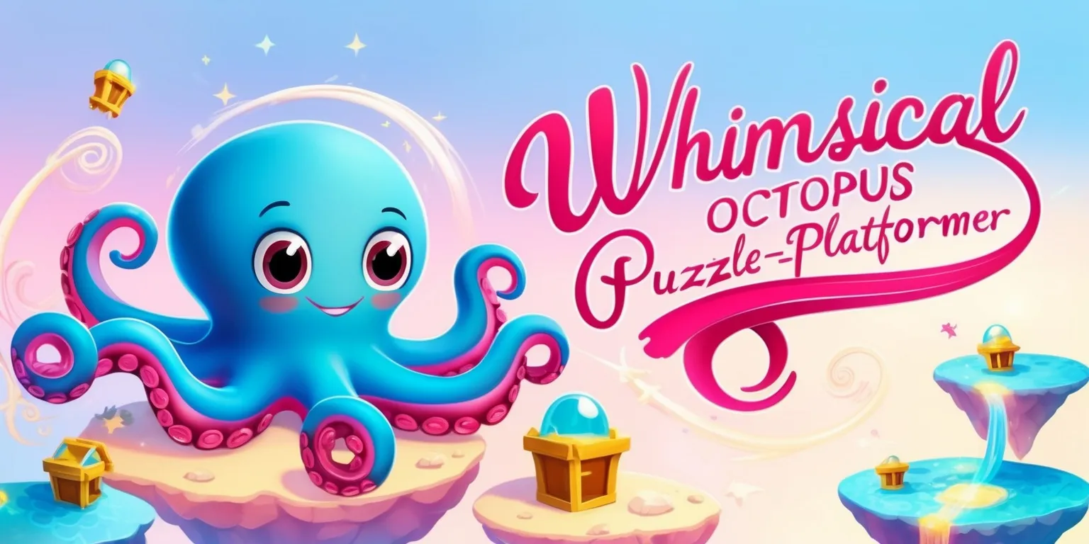 A vibrant, dreamlike illustration of an octopus as the main character in a puzzle-platformer game, with a mix of pastel colors and neon hues, set against a soft, gradient blue background, featuring the octopus with large, round, expressive eyes and a gentle smile, its eight arms curled and stretched in various directions as it navigates through a maze of floating islands, treasure chests, and twinkling stars, with a few subtle, shimmering water effects and delicate, swirling patterns throughout the scene, and a bold, cursive font displaying the game's title in a flowing, wavy line above the octopus, with the words Whimsical Octopus Puzzle-Platformer written in a bright, poppy pink color that matches the highlights on the octopus's skin.
