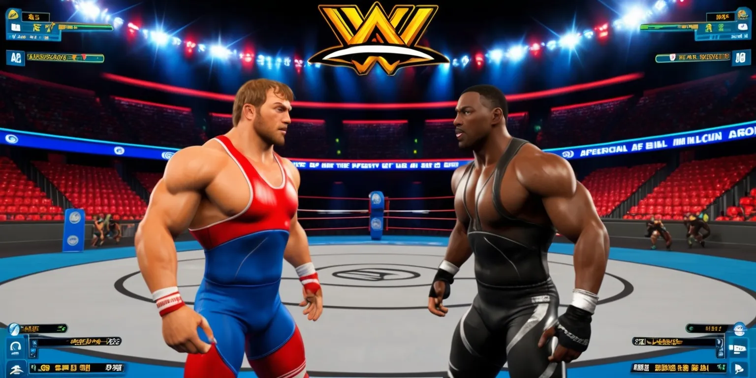 A wrestling simulation game screenshot with a realistic wrestling arena in the background, featuring a large mat in the center, surrounded by rows of seats and a commentator table, the arena is illuminated by bright lights with a vibrant color scheme, the game's user interface is visible on the screen, including menus, buttons, and player statistics, two wrestlers are facing each other on the mat, one with a muscular build and Caucasian skin, wearing a red and blue costume, and the other with a lean build and African American skin, wearing a black and silver costume, both wrestlers have intense facial expressions, with sweat and muscles defined, the game's logo is displayed prominently at the top of the screen in bold, golden font.