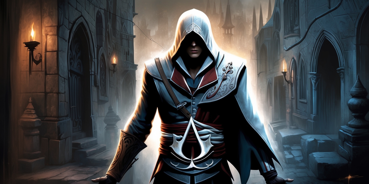 A dark and moody illustration of a mysterious assassin cloaked in shadows, set against a gritty, medieval-inspired cityscape at dusk, with muted, earthy tones of brown, gray, and blue, and subtle, warm golden lighting hinting at the character's presence, amidst intricate stone carvings, Gothic architecture, and flickering torches, with the Assassin's Creed emblem, a stylized eagle's head with a cross, emblazoned on the character's chest or shoulder, in a metallic silver finish, surrounded by ornate, curved lines and subtle, cryptic markings, with the city's narrow, winding streets and towering spires fading into the misty background, evoking a sense of danger, stealth, and ancient secrets.