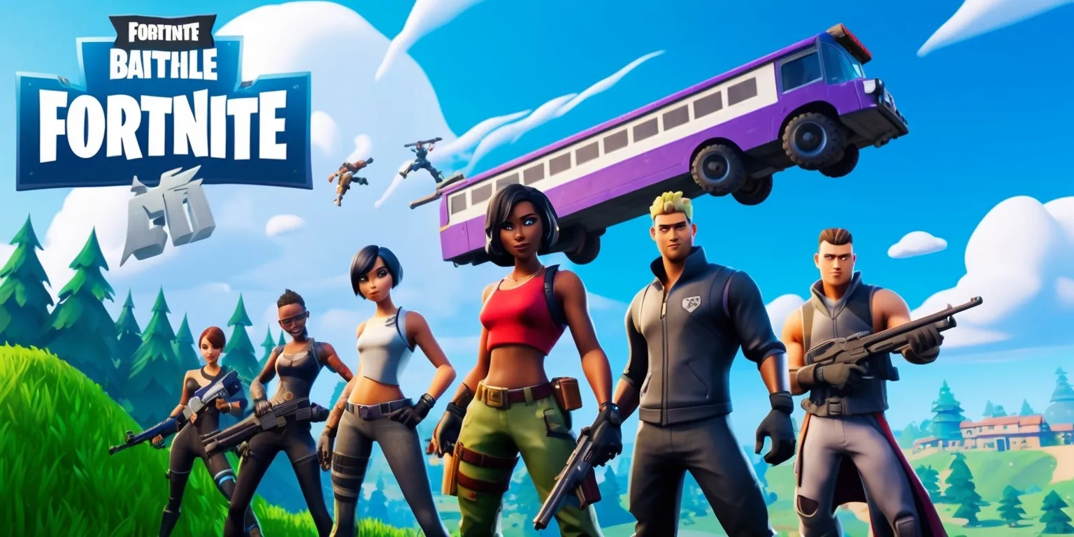 A vibrant and detailed digital illustration of the popular Fortnite game, featuring a battle bus soaring through a bright blue sky with fluffy white clouds, set against a backdrop of a dense forest with tall trees, rolling hills, and a few buildings in the distance, with a group of diverse characters, including a woman with dark skin and short black hair, a man with light skin and a strong facial structure, and a few other unique skins, all dressed in their signature outfits, weapons at the ready, as they prepare to drop onto the island, with a bold, futuristic font displaying the game's logo in the top left corner, and a few subtle hints of the game's iconic elements, such as the Loot Llama and the Storm Circle, integrated seamlessly into the scene.
