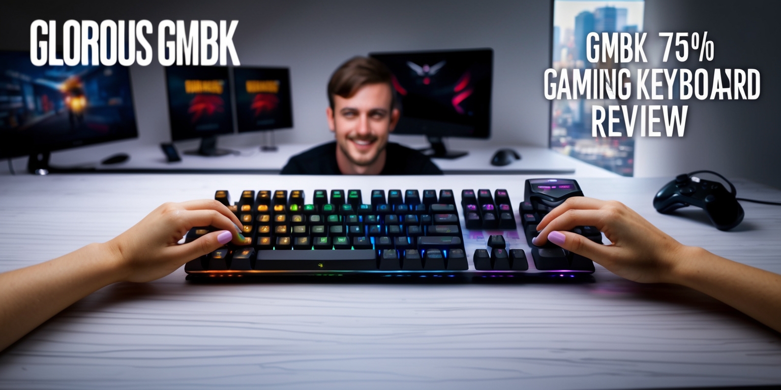A detailed review of the Glorious GMBK 75% gaming keyboard is laid out on a sleek, modern desk with a subtle wood grain texture, underneath a soft, white overhead light, the keyboard is positioned centrally with its compact tenkeyless design and vibrant RGB backlighting illuminated, showcasing its 75% layout and durable switches, a pair of hands with light brown skin and neatly trimmed fingernails are placed on the keyboard, one hand is positioned on the WASD keys and the other on the arrow keys, with a subtle smile on the face of the person in the background who has short dark hair and a few days of stubble, the background is a blurred mix of gaming monitors and accessories in a minimalist setup, with a few gaming themed posters on the wall, and a large window with a cityscape view in the distance, the text Glorious GMBK 75% gaming keyboard review is written in a bold, modern font with a silver color at the top of the image.