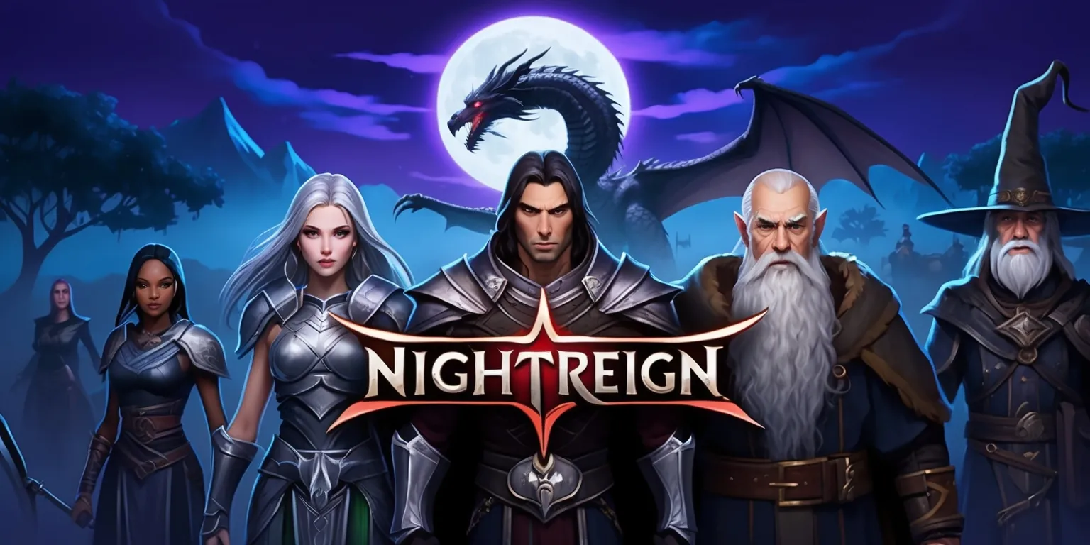 A dark fantasy video game scene from Nightreign, set in a mystical realm with a midnight blue and purple sky, illuminated by a full moon, with silhouetted trees and misty mountains in the background, and in the foreground, a group of characters including a strong female warrior with long silver hair and piercing green eyes, a tall male mage with a staff and a wise old wizard with a long white beard, all standing together, dressed in intricate armor and robes, with a large dragon looming in the distance, its scales glistening in shades of black and dark grey, and in the center of the image, the Nightreign game logo, in bold metallic letters with a crimson glow, against a subtle texture of leather and metal, with a sense of adventure and magic in the air.