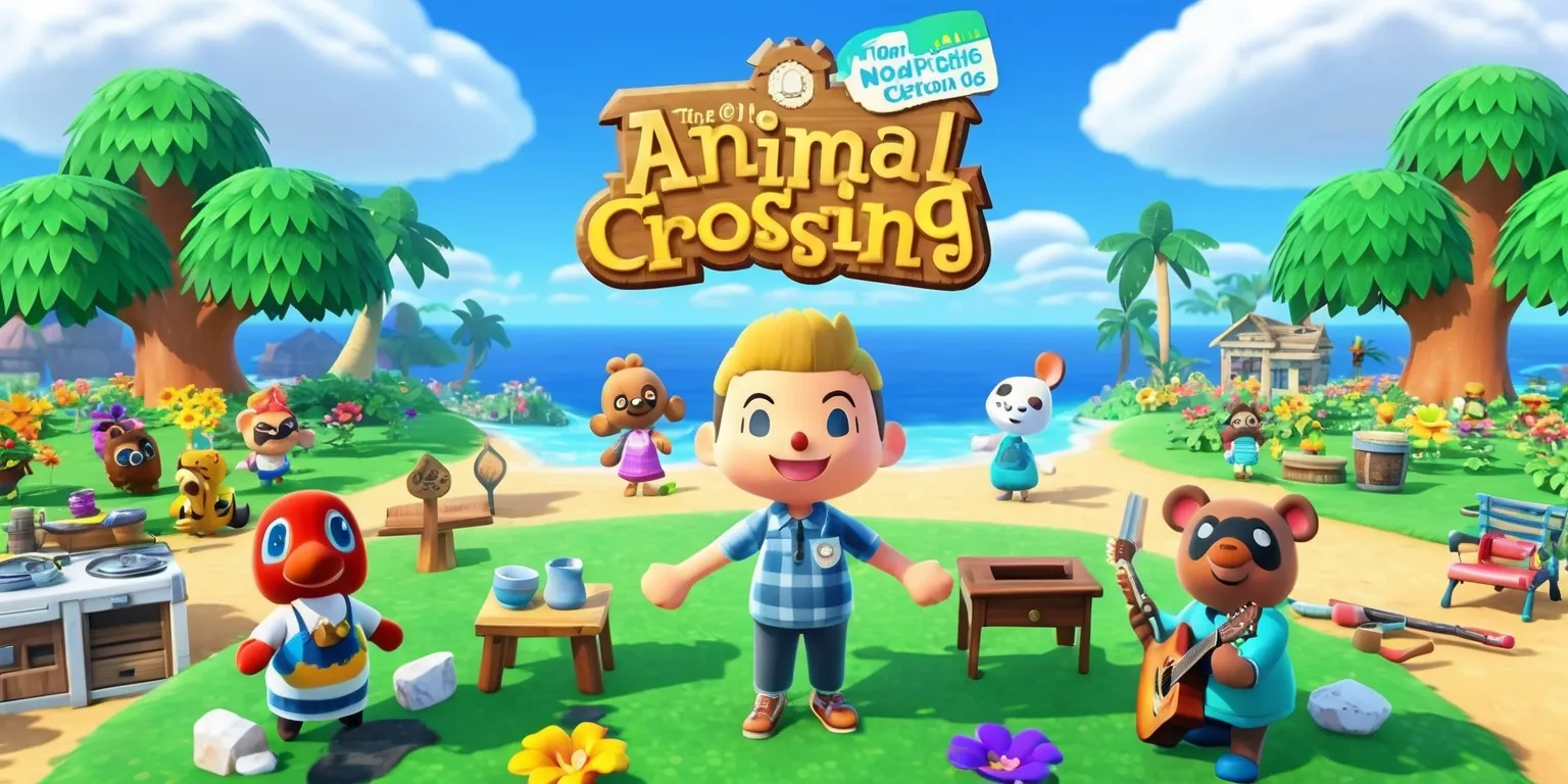 A vibrant and colorful digital illustration of the Animal Crossing: New Horizons game, featuring Tom Nook standing in front of a beautiful island landscape with lush green trees, colorful flowers, and a serene ocean in the background, with a few villagers of different species and skin colors, including a smiling Isabelle with blonde hair and a tan complexion, and a happy K.K. Slider with his guitar, surrounded by various game items and furniture, such as fishing rods, tools, and decorative objects, with a bright blue sky and fluffy white clouds above, and a few palm trees swaying gently in the breeze.