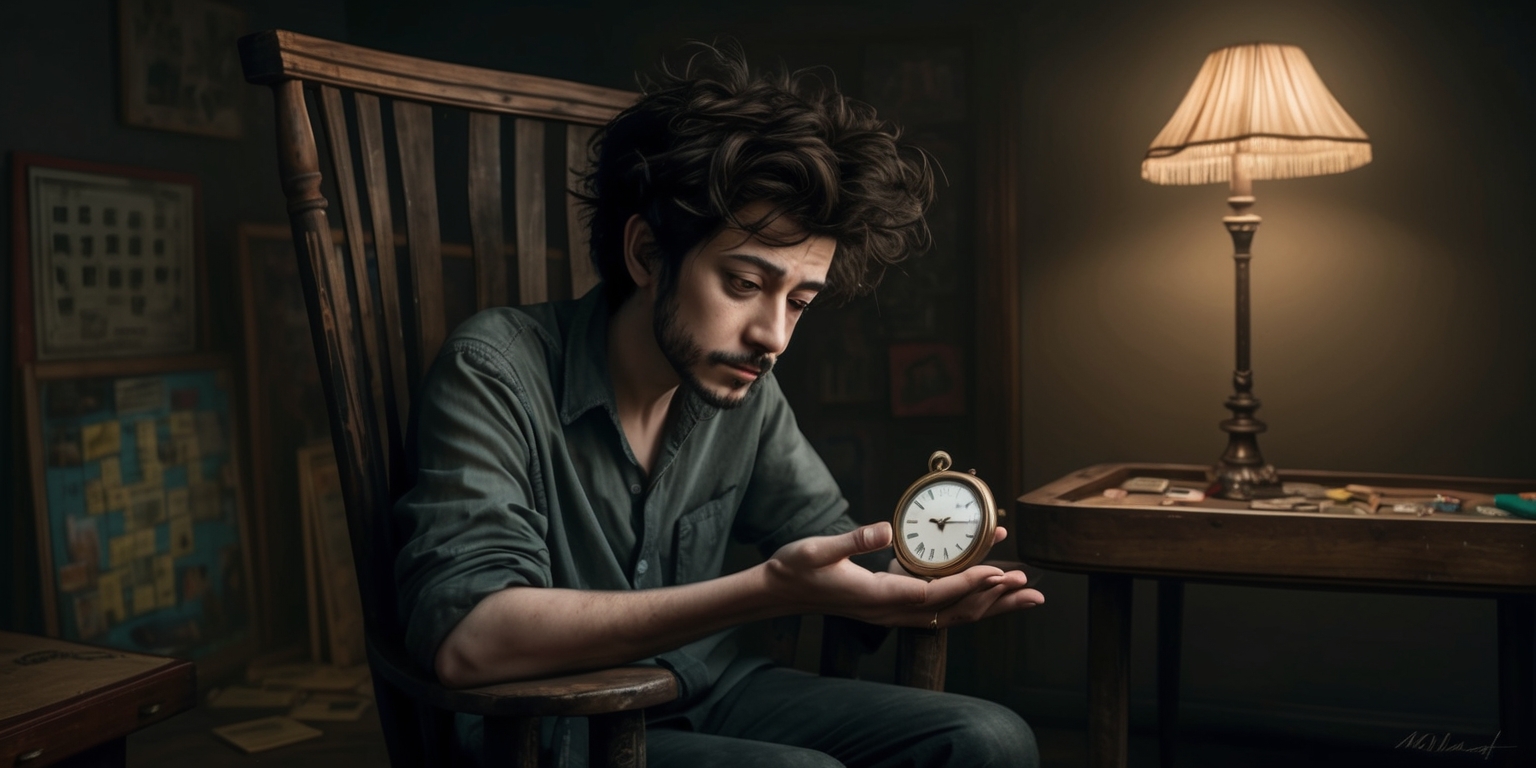 A surreal and thought-provoking piece depicting a person sitting on a worn, wooden chair in a dimly lit, nostalgic game room, surrounded by old, dusty board games and forgotten trinkets, with a subtle, warm glow emanating from a lone, ornate lamp in the corner, casting an air of quiet contemplation, as the individual, with a mix of curiosity and boredom etched on their introspective face, adorned with a few days' worth of stubble and a mop of unruly, dark brown hair, gazes down at a pocket watch in their hand, its intricate mechanisms and Roman numerals gleaming softly, lost in the midst of a waiting game, where time stands still, and the only sound is the soft ticking of the watch, transporting the viewer to a realm of introspection and quiet reverie.