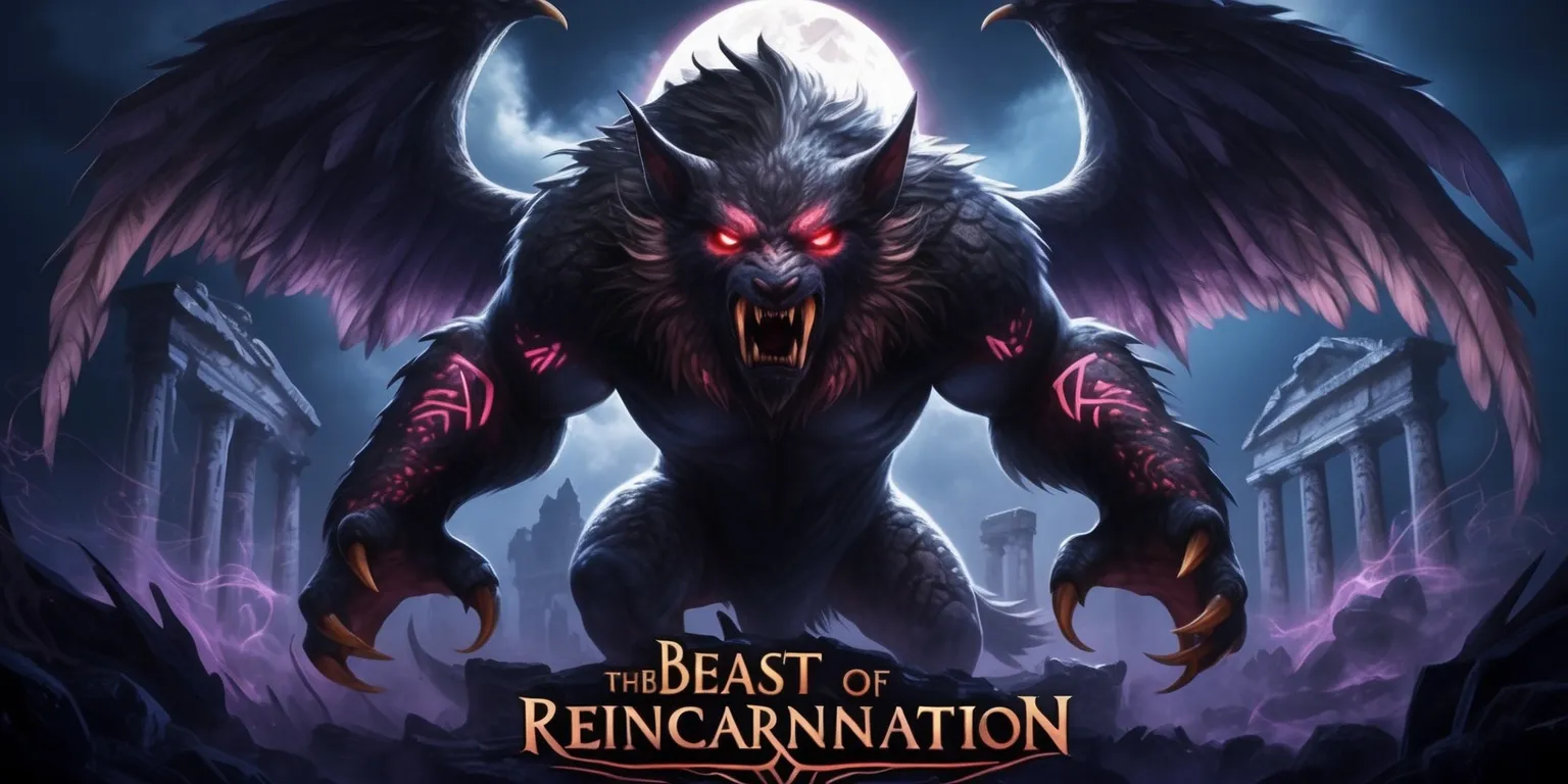 A dark fantasy illustration of the Beast of Reincarnation game, featuring a massive, mythical creature with glowing red eyes, sharp fangs, and majestic wings, set against a haunting, mystical background with ancient ruins and a full moon, the beast's fur a mottled mix of black, grey, and brown, with intricate, glowing runes etched into its scales, the overall atmosphere ominous and foreboding, with shades of deep blue and purple dominating the color palette, the creature's presence commanding attention, as if it is about to unleash its fury upon the world, with subtle, ethereal lighting effects and delicate, swirling mist adding to the overall sense of mystery and wonder.