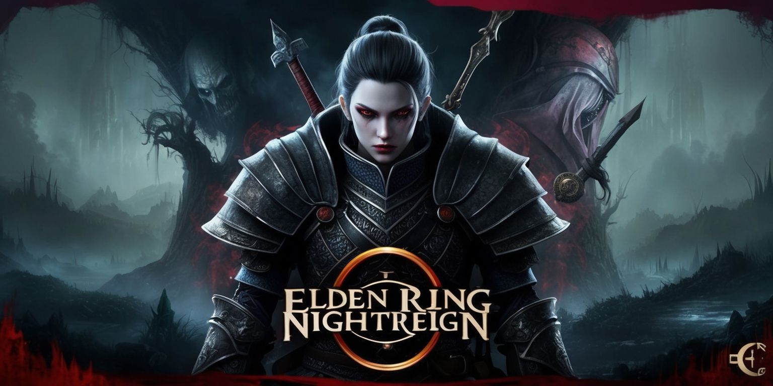 A dark fantasy scene from the Elden Ring Nightreign game, set in a mystical and hauntingly beautiful landscape with a somber atmosphere, featuring a central figure of a character with intricate armor and weapons, surrounded by eerie and mystical elements, with a focus on the character's determined facial expression and striking features, set against a backdrop of muted colors with accents of crimson and gold, with the Elden Ring logo subtly integrated into the scene, blending medieval and mystical styles, with dramatic lighting and shading to emphasize the intensity and mystery of the Nightreign.