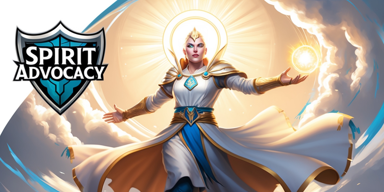A dramatic illustration depicting the Spirit of Advocacy, a powerful hero from a fantasy role-playing game, standing proudly in a dynamic pose, surrounded by a halo of light, with a determined expression on their face, featuring piercing blue eyes, high cheekbones, and a strong jawline, adorned in a flowing white robe with golden trim and a silver emblem on their chest, holding a radiant orb in their outstretched hand, against a vibrant backdrop of swirling clouds and rays of sunlight, with the game's logo, a stylized silver shield with the words Spirit of Advocacy in bold, modern font, emblazoned on the top-left corner, set in a warm color palette with shades of gold, blue, and creamy whites, evoking a sense of hope, courage, and wisdom.