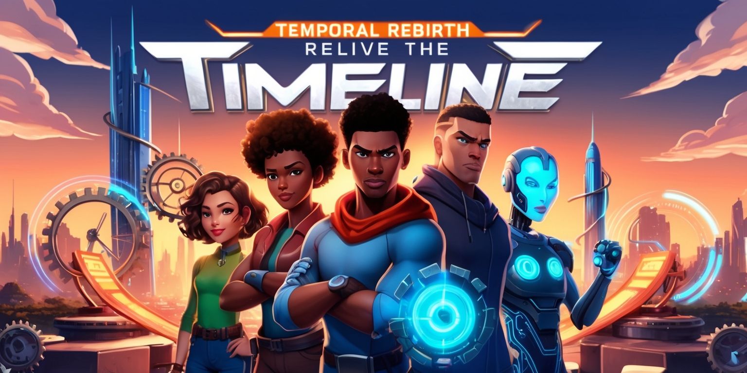 A vibrant, futuristic illustration of the Temporal Rebirth game, with a cityscape in the background featuring sleek skyscrapers and neon lights, set against a warm, orange-blue dusk sky with fluffy white clouds, in the foreground a group of diverse characters with unique abilities and styles, including a young woman with curly brown hair and bright green eyes, a muscular man with short black hair and a strong jawline, and a robotic figure with glowing blue circuits, all standing together with confident expressions, surrounded by swirling clockwork gears, time-traveling portals, and abstract energy waves, with the game's logo prominently displayed in bold, silver letters with a futuristic font, and the tagline Relive the Timeline written in a curved line above the logo in a bright, fiery red color.