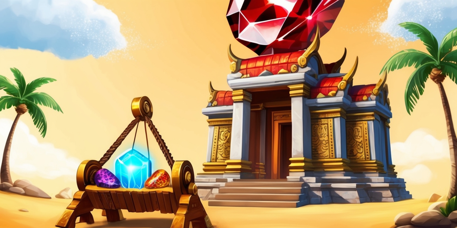 A vivid, digital illustration of a fantastical Temple Sling game, set against a warm, sunny background with fluffy white clouds and a few palm trees swaying in the breeze. The temple entrance is adorned with intricate, golden carvings and a giant, gleaming, crimson-red gemstone sits atop the structure. The sling game, resembling a medieval-style catapult, is positioned in front of the temple, with a few colorful, ornate stones and a bright, glowing, blue gemstone loaded and ready to be launched. The overall aesthetic is whimsical, vibrant, and full of energy, with a mix of ancient and fantastical elements.