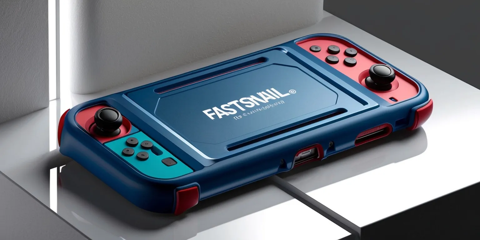 A detailed view of a Fastsnail Switch 2 Protective Case accessory, showcasing its durable design and vibrant colors, with a sleek and modern aesthetic, the case is made of high-quality materials, featuring a glossy finish and precise cutouts for buttons and ports, the Fastsnail logo is prominently displayed in a bold, silver font, with clean lines and a minimalist style, the case is positioned on a neutral background, with soft, white lighting highlighting its textures and curves, the overall design exudes a sense of protection and sophistication, with a focus on showcasing the case's durability and compatibility with the Switch 2 console.