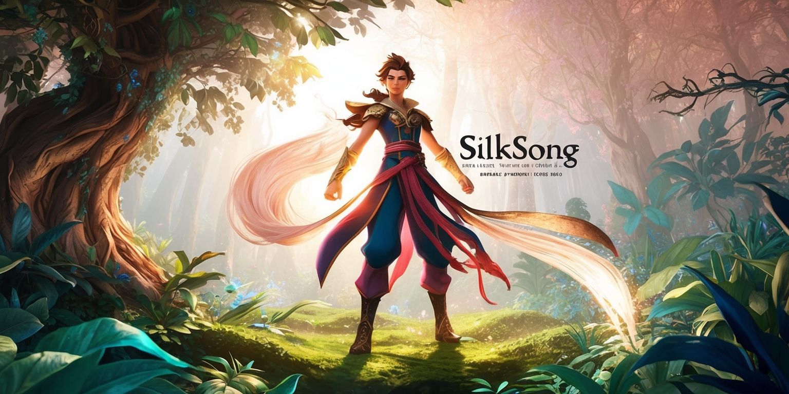 A vibrant and detailed illustration of the protagonist of Silksong, a highly anticipated video game, standing heroically in a lush, mystical forest, surrounded by intricate foliage and majestic trees, with a soft, warm light shining down, casting dappled shadows on the forest floor, and a subtle, shimmering glow emanating from the protagonist's silk-producing abilities, with the character's facial features, skin color, and unique attributes meticulously rendered, set against a stunning, fantasy-inspired backdrop with a mix of earthy tones, soft pinks, and shimmering blues, and a dynamic composition that conveys a sense of adventure, wonder, and discovery.