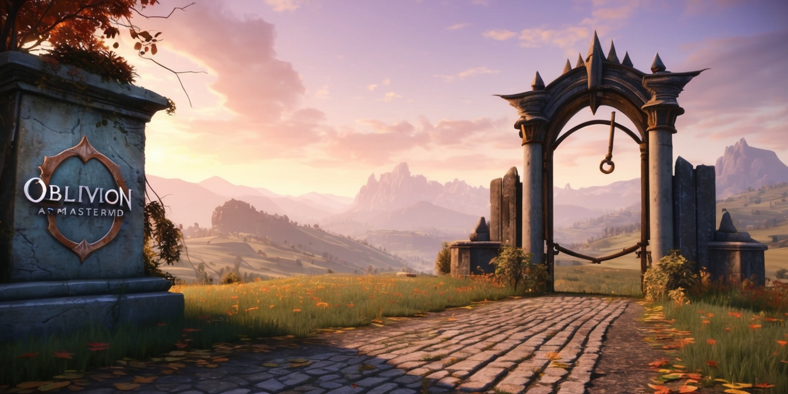 A majestic, high-fantasy landscape from the Oblivion Remastered game, set during the golden hour, with warm, soft light casting long shadows across the rolling hills and towering mountains in the distance, the sky a vibrant mix of oranges, pinks, and purples, with a few wispy clouds scattered across the horizon, in the foreground, a worn, cobblestone road leads the viewer's eye to a grand, ancient gate adorned with intricate, rusty hinges and a large, old-fashioned keyhole, surrounded by lush, verdant foliage and a scattering of autumnal leaves, with the iconic Oblivion logo emblazoned on a worn, stone monument to the left, in a bold, serif font, with subtle, weathered textures and cracks throughout the image, evoking a sense of age and nostalgia.